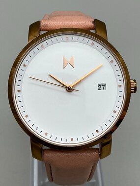 MVMT Signature Watch Women 38mm Rose Gold Tone Date Pink Leather Band New Batter